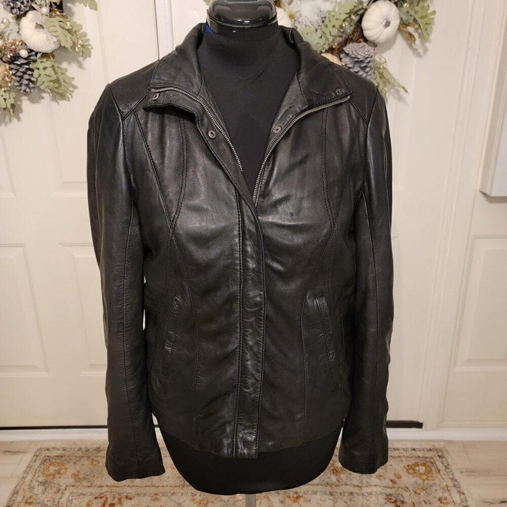 Andrew Marc Black Leather Moto Biker Jacket Women’s L | Classic Streetwear - Picture 3 of 12